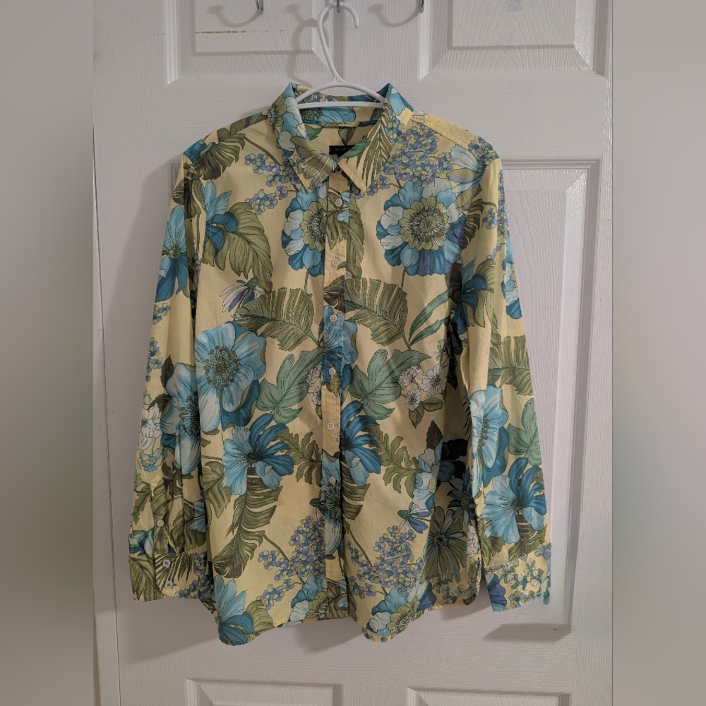 Talbots Floral Tropical Button Down Shirt Large Yellow Blue 100% Cotton Boho L